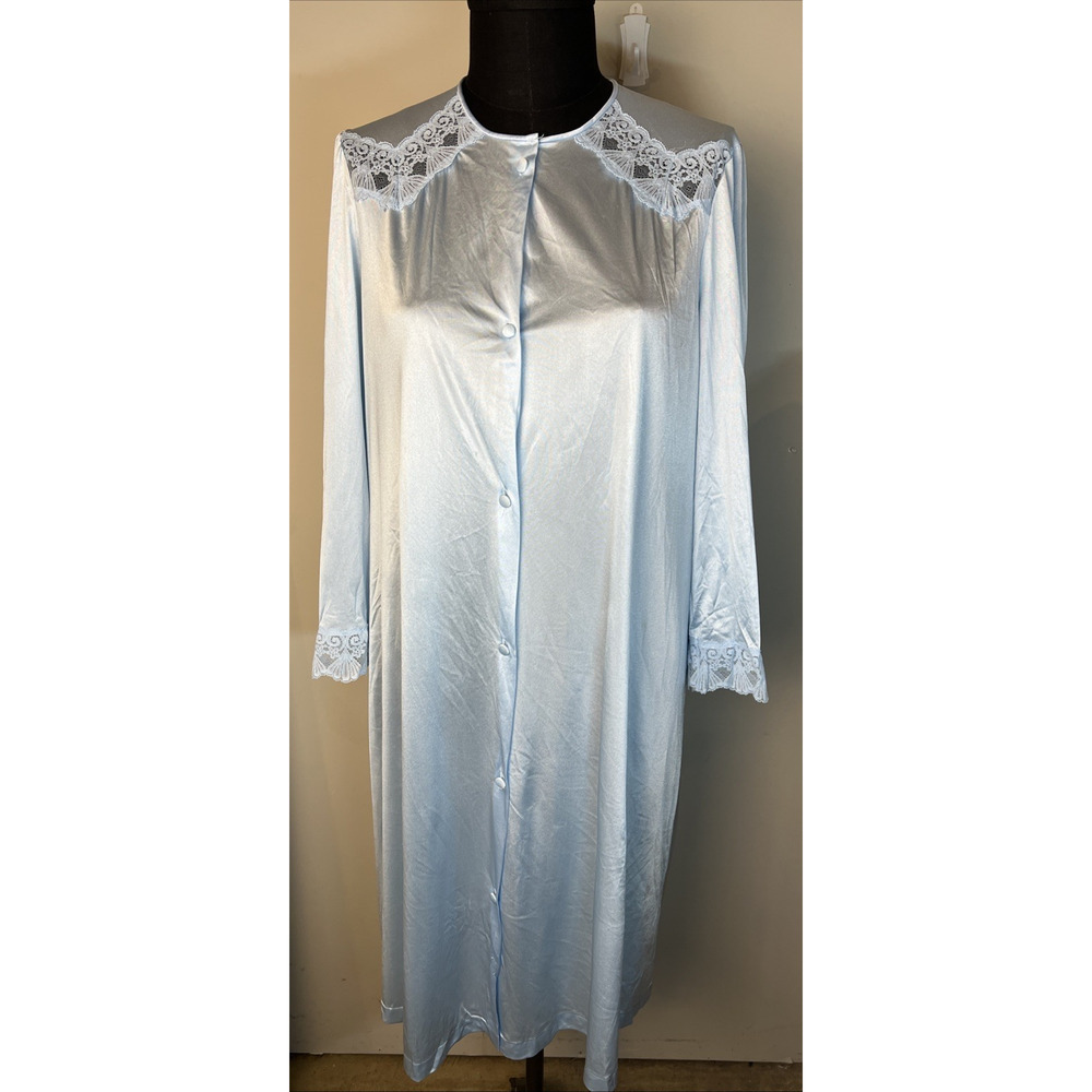 VTG Vanity Fair Button Up Robe Light Blue Nylon Lace Detail Medium Knee Length